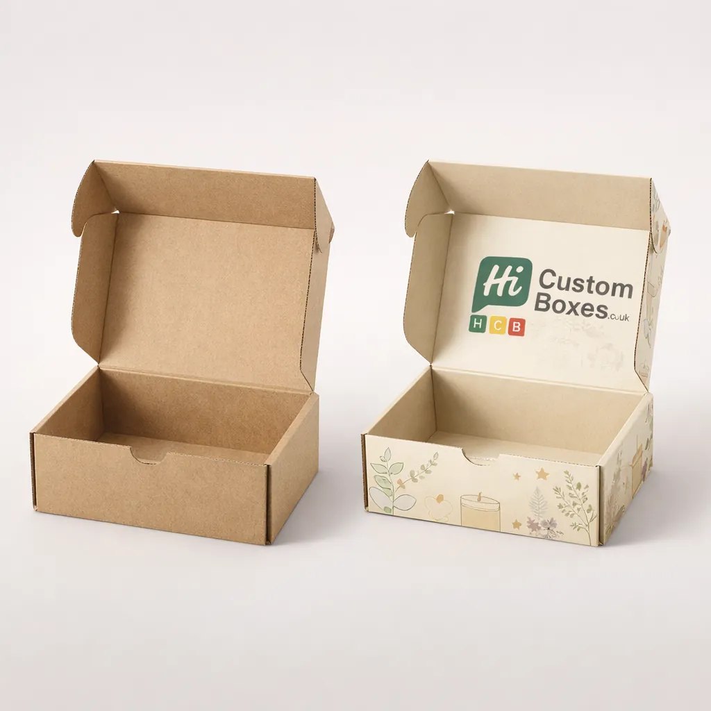 Two open corrugated mailer boxes, one plain brown and one cream with internal branding and flowers.